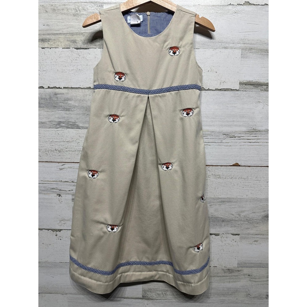 Vive La Fete Jumper Dress Girls 5 Tan Tiger Embroidered Preppy Gameday EUC